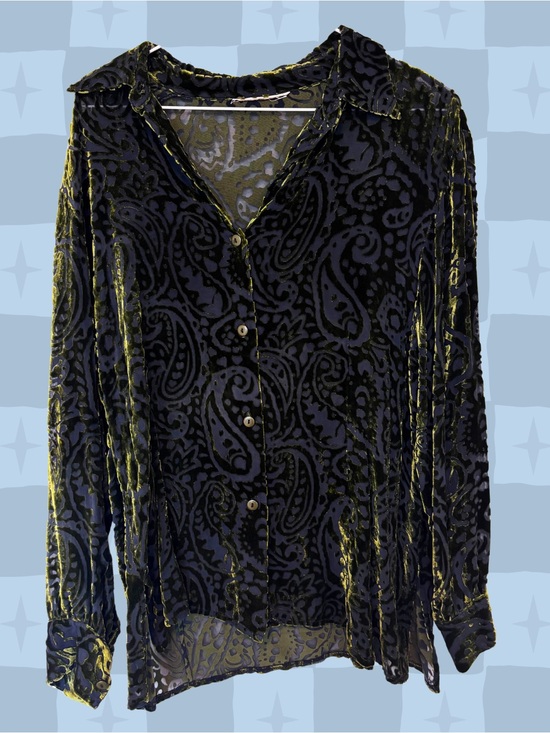 Tops - Velvet Burnout Button-Up Top - Black and Olive